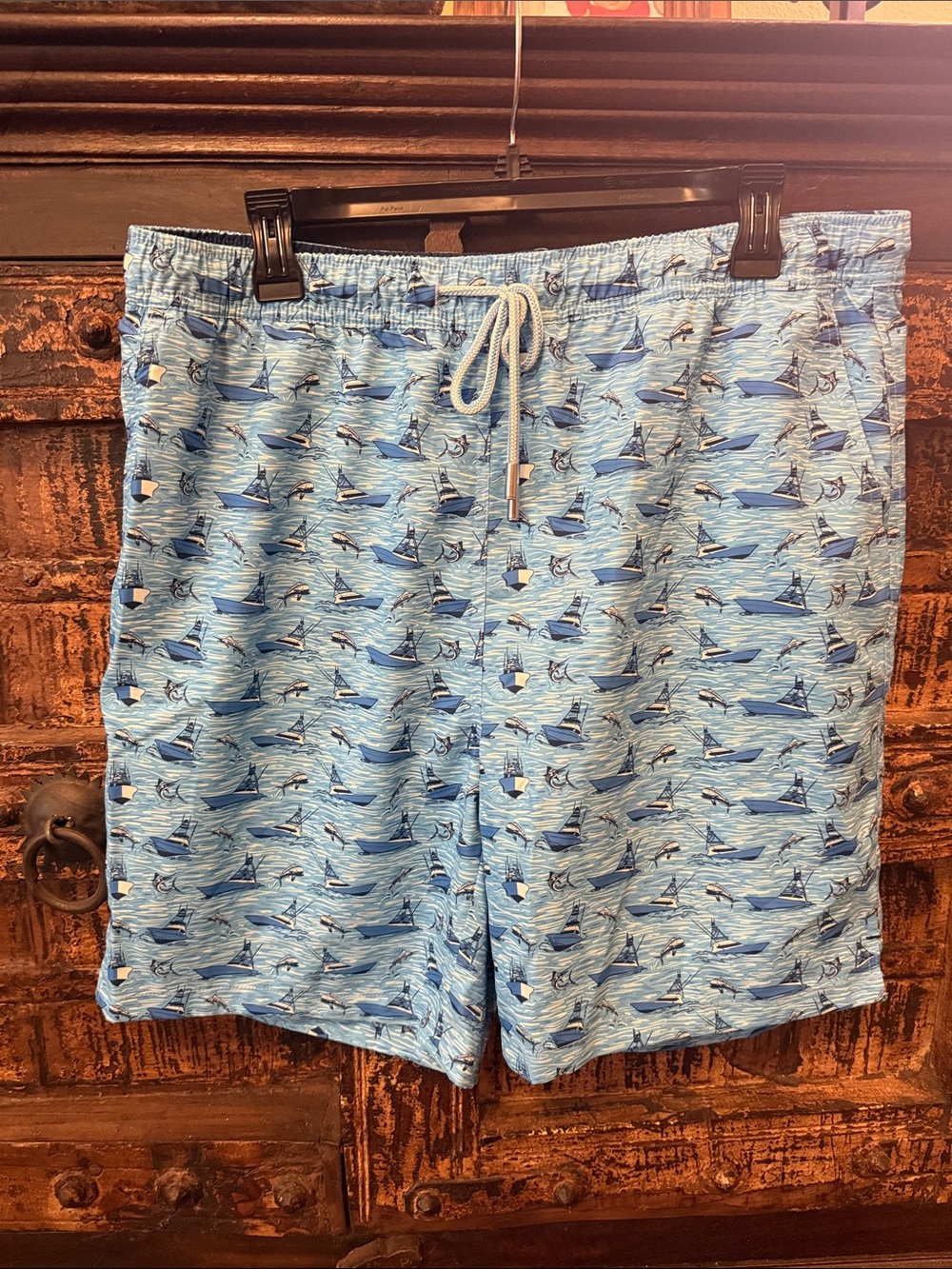 Peter Millar Light Blue Boat-Print Swim Trunks